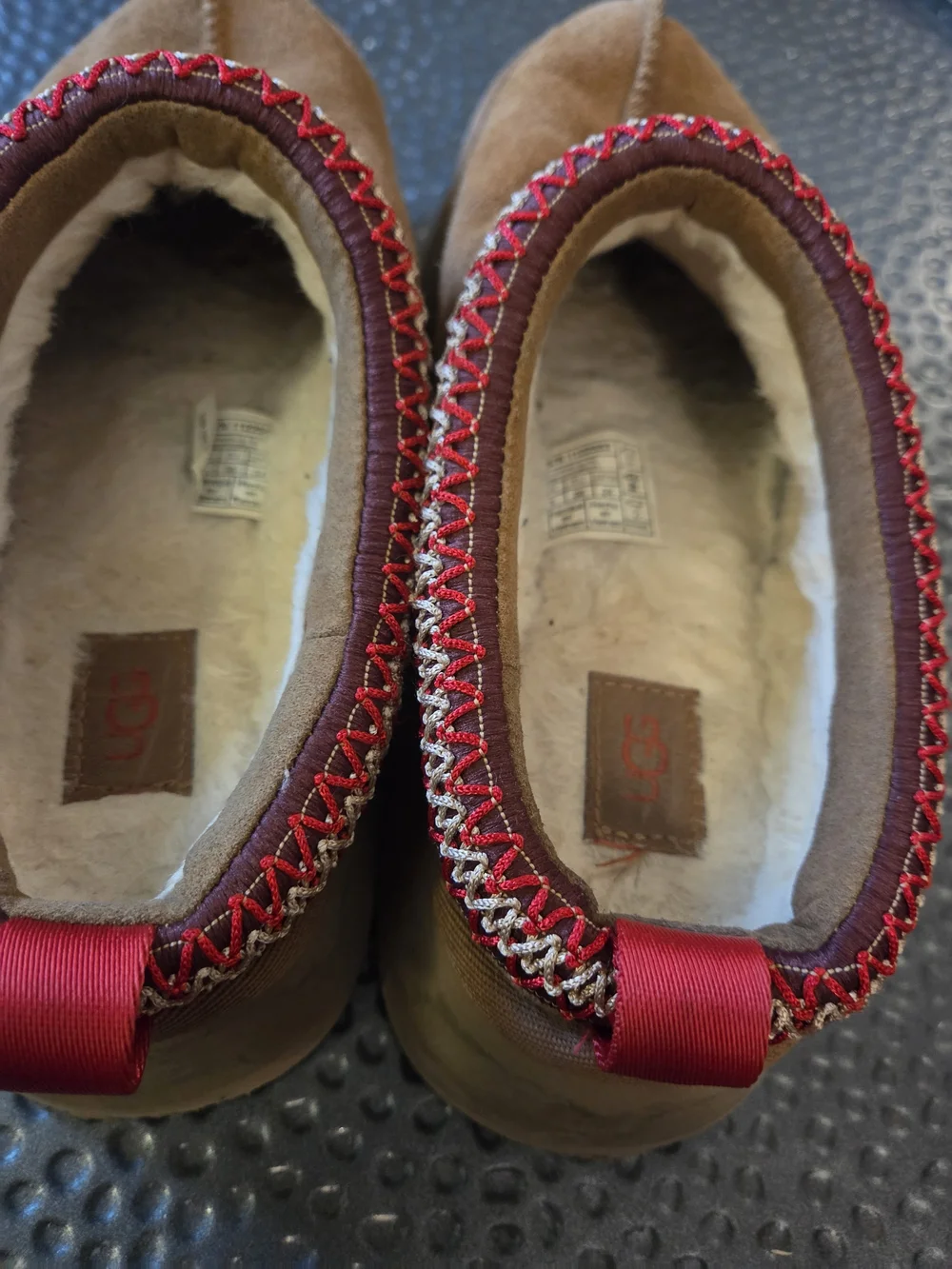 UGG Chestnut Suede Slip-On Moccasin with Red & Cream Trim